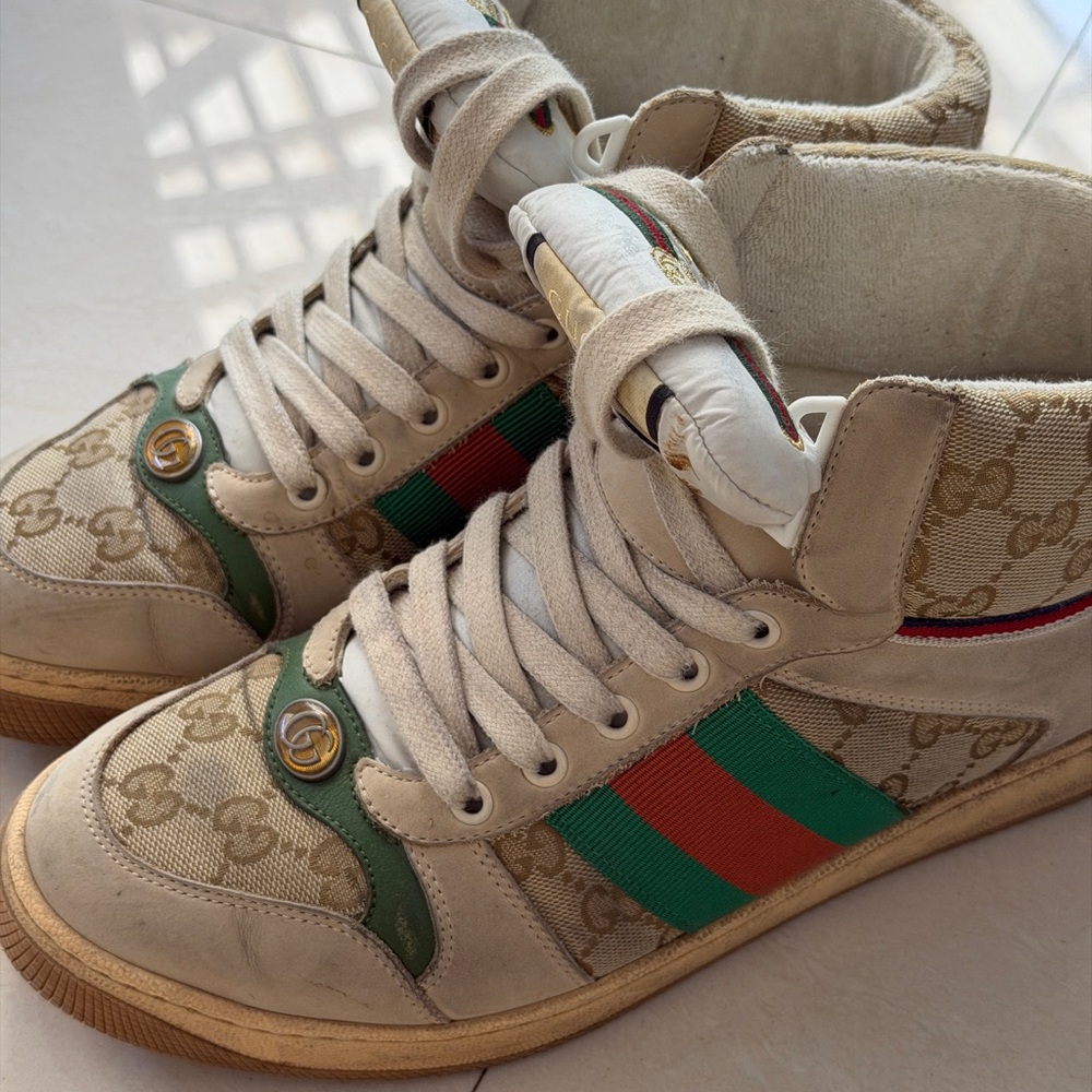 Gucci Beige and Green High-Top Sneakers